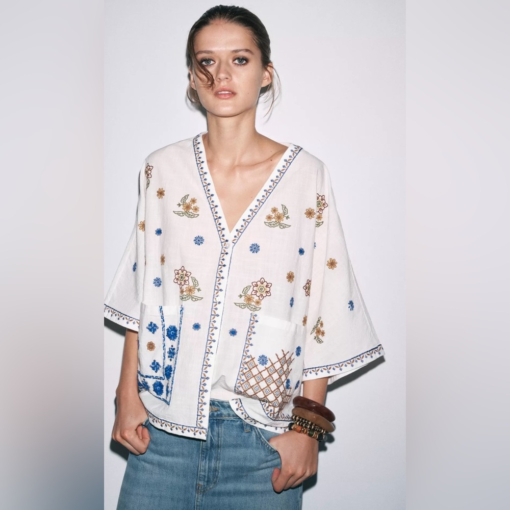 Zara Womens Floral Embroidered Kimono Top 2025 Boho Retro Collection - Picture 2 of 10